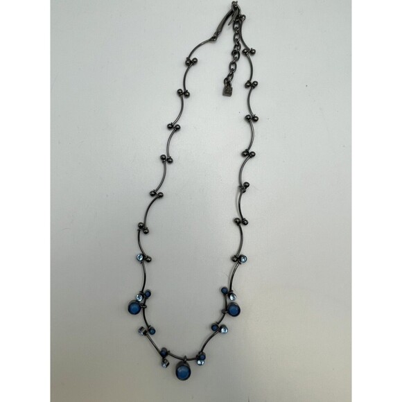 Givenchy Gun Metal Twisted Links Blue Crystal Dainty Necklace - Picture 3 of 8